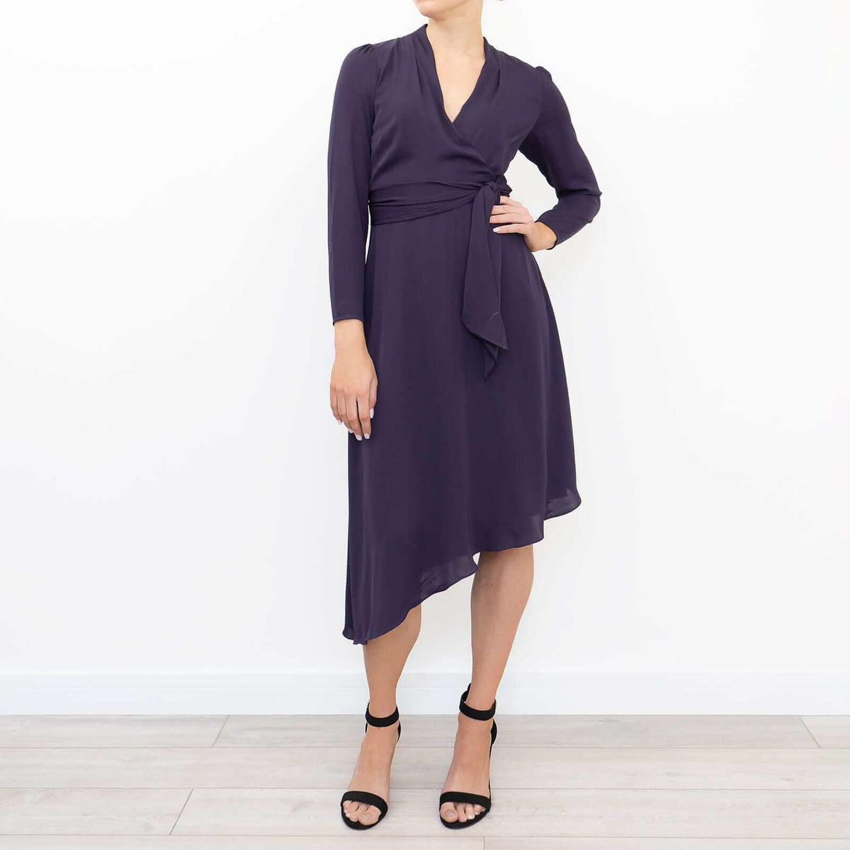 💜 JASON WU Cassis Purple Triacetate Crinkled Twill Blouson Wrap Midi Dress  8 M