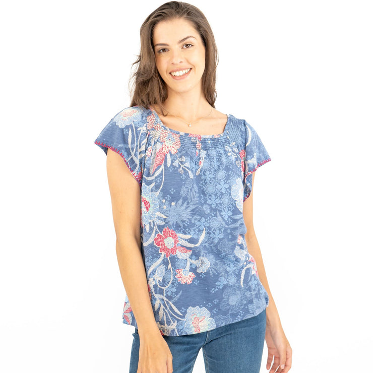 White Stuff Blue Floral Print Relaxed Fit Blouse Short Sleeve Summer Tops