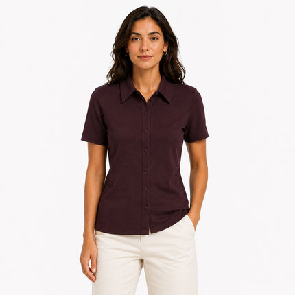 M&S Autograph Shirt Raisin Brown Fitted Jersey Short Sleeve Top