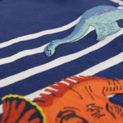 Mini Boden Boys Blue Stripe Long Sleeve Dinosaurs Aplique Tops