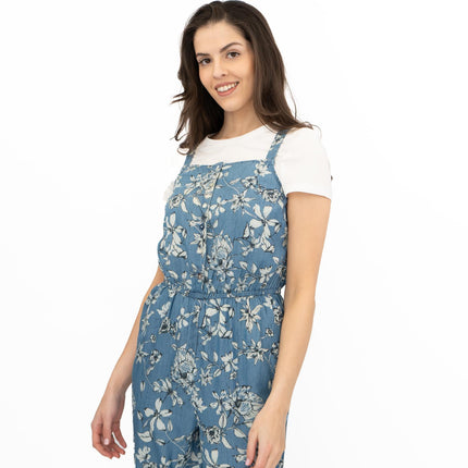 Summer Jumpsuits Blue Floral Print Sleeveless Strappy Crop Leg Elasticated Waist Playsuit