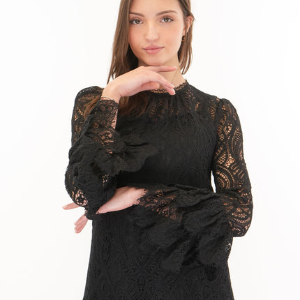 Womens Black Dress Long Sleeve Lace Frill Details Mini Length
