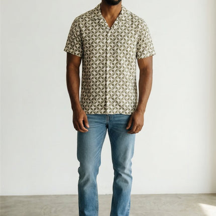 Mens Shirts Short Sleeve Olive Green Geo Print - Quality Brands Outlet