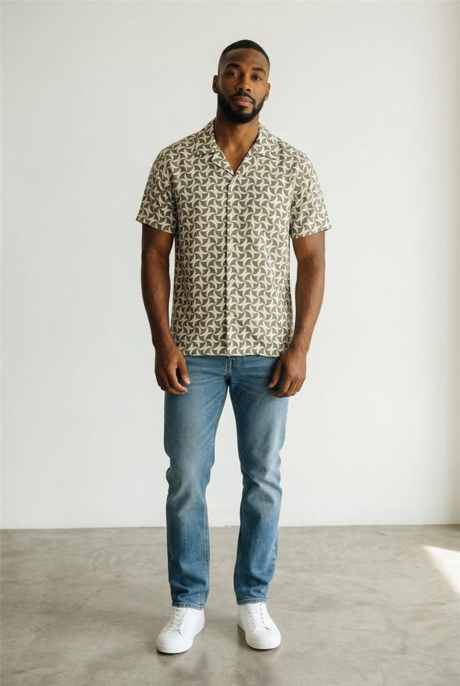 Mens Shirts Short Sleeve Olive Green Geo Print - Quality Brands Outlet