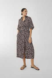 Jasper Conran Birgit Short Sleeve Brown Print Belted Midi Shirt Dresses with Pockets - Quality Brands Outlet