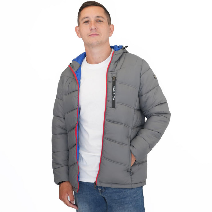 Nautica Mens Performance N83 Hooded Puffer Jacket Grey