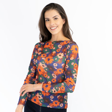 Karen Millen Orange Floral Boat Neck Long Sleeve Tops-Quality Brands Outlet-