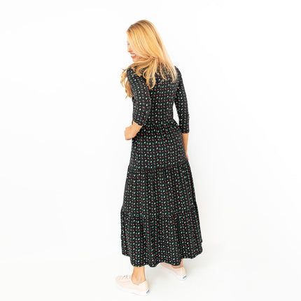 Seasalt Black Floral Line Strokes Midi Tiered Dress 3/4 Sleeve-Quality Brands Outlet-
