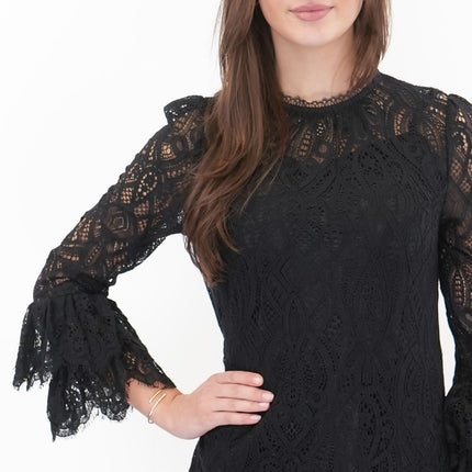Womens Black Dress Long Sleeve Lace Frill Details Mini Length