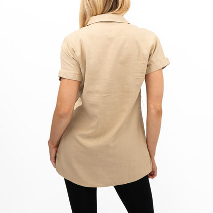 Womens Linen Tunic Beige Short Sleeve Shirts-Quality Brands Outlet-
