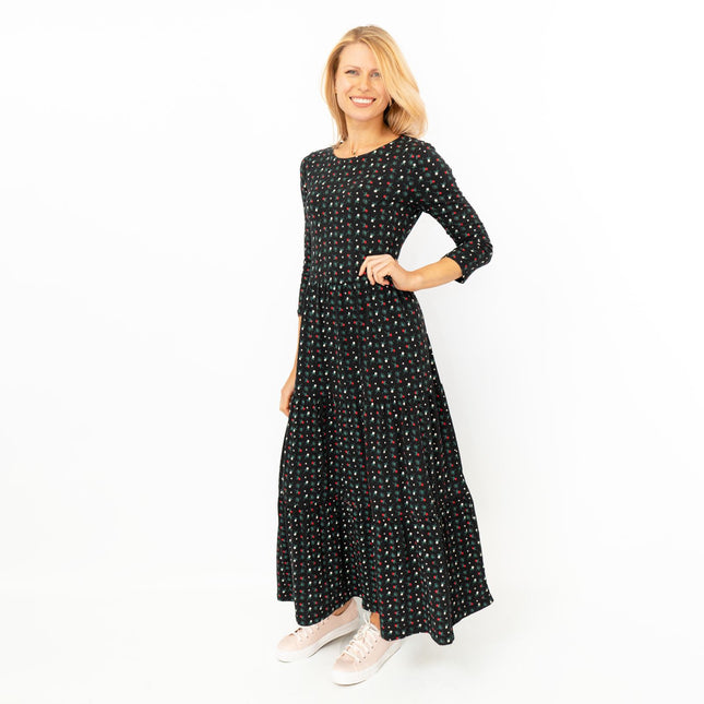 Seasalt Black Floral Line Strokes Midi Tiered Dress 3/4 Sleeve-Quality Brands Outlet-