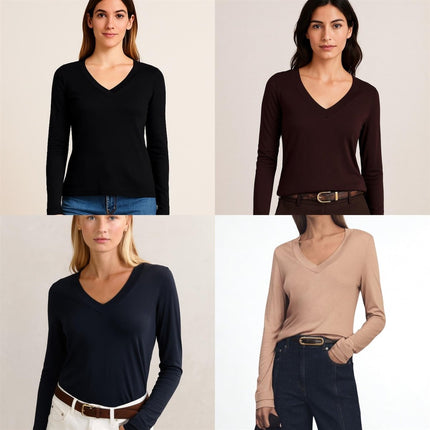 Brady V-Neck Tops Camel Beige Long Sleeve-Quality Brands Outlet-