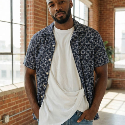 Mens Shirts Short Sleeve Cuban Collar Navy Geo Print - Quality Brands Outlet