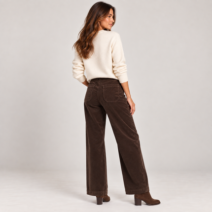 Womens Wide Leg Cord Trousers - Chocolate