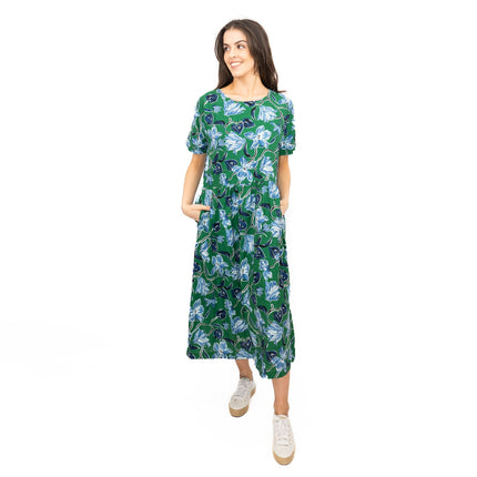 Seasalt Green Brouse Organic Floral Short Sleeve Midi Dress-Quality Brands Outlet-