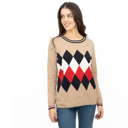 Lucy Argyle Jumper Beige Diamond Intarsia Long Sleeve Tops-Quality Brands Outlet-
