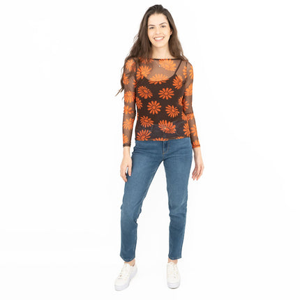 Karen Millen Floral Brown & Orange Boat Neck Long Sleeve Mesh Tops-Quality Brands Outlet-