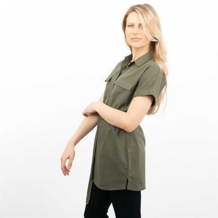 Khaki Green Short Sleeve Longline Shirts Utility Style Women's Tops-Quality Brands Outlet-