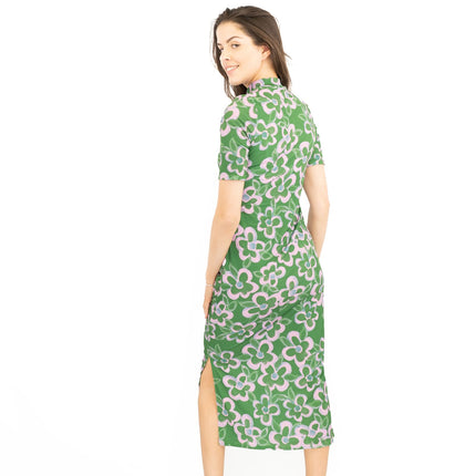 Nasty Gal Green Floral High Neck Short Sleeve Midi Dress-Quality Brands Outlet-
