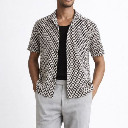 Sterling Shirt Cuban Collar Navy White Geometric Crochet - Quality Brands Outlet