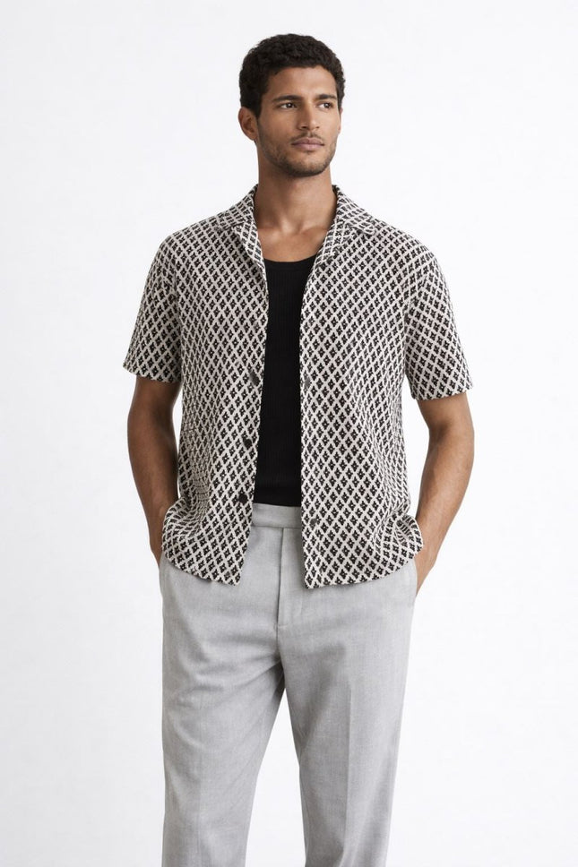 Sterling Shirt Cuban Collar Navy White Geometric Crochet - Quality Brands Outlet