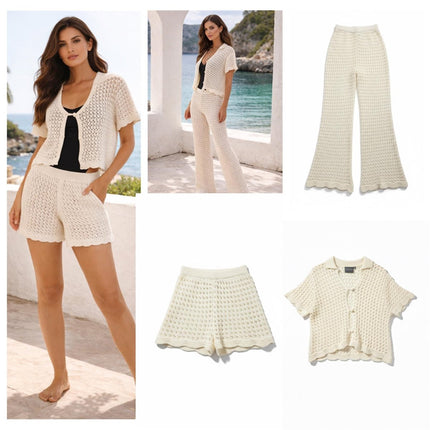 Crochet Knit Trousers Ivory Co-Ord Wide Leg-Quality Brands Outlet-