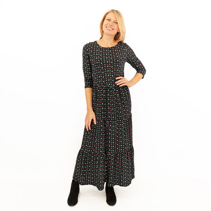 Seasalt Black Floral Line Strokes Midi Tiered Dress 3/4 Sleeve-Quality Brands Outlet-