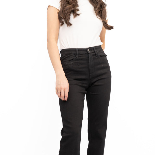 M&S Womens Jeans High Waisted Embellished Sparkle Stretch Straight Leg Black-Quality Brands Outlet-