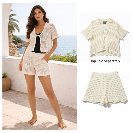 Crochet Co-Ord Knit Shorts Ivory Scalloped Hem-Quality Brands Outlet-