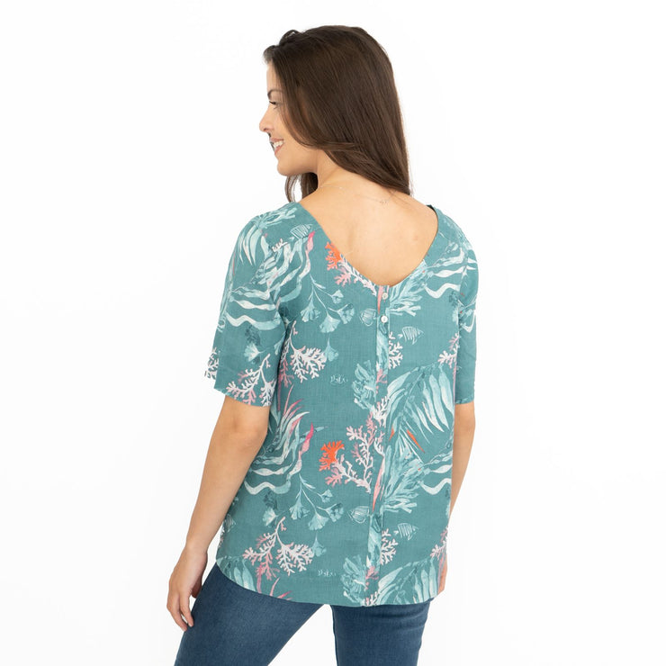 Seasalt Green Seaweed Linen Blouse Relaxed Fit Short Sleeve Tops