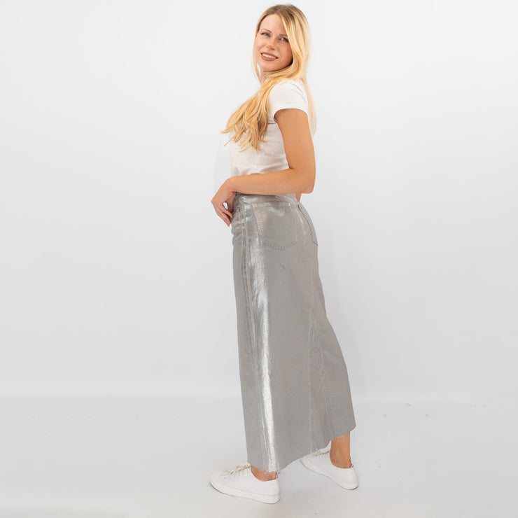 M&S Silver Denim Foil Shimmer Metallic Maxi Skirt Split - Quality Brands Outlet