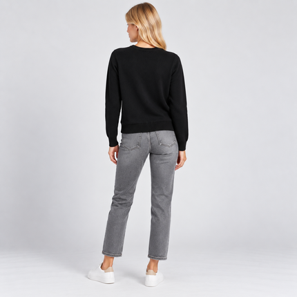 Womens Jumpers Cotton Crew Neck Knit Tops - Black