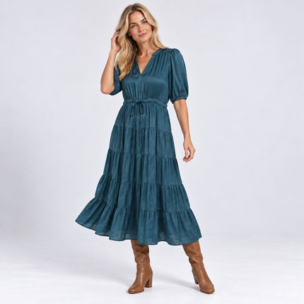 Womens Dress Long Sleeve Elle Tiered Satin Maxi Dress in Rich Teal Green-Quality Brands Outlet-
