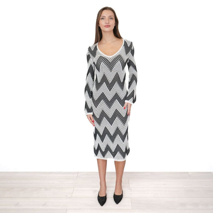 M&S Black White Crochet Chevron Midi Dress-Quality Brands Outlet-