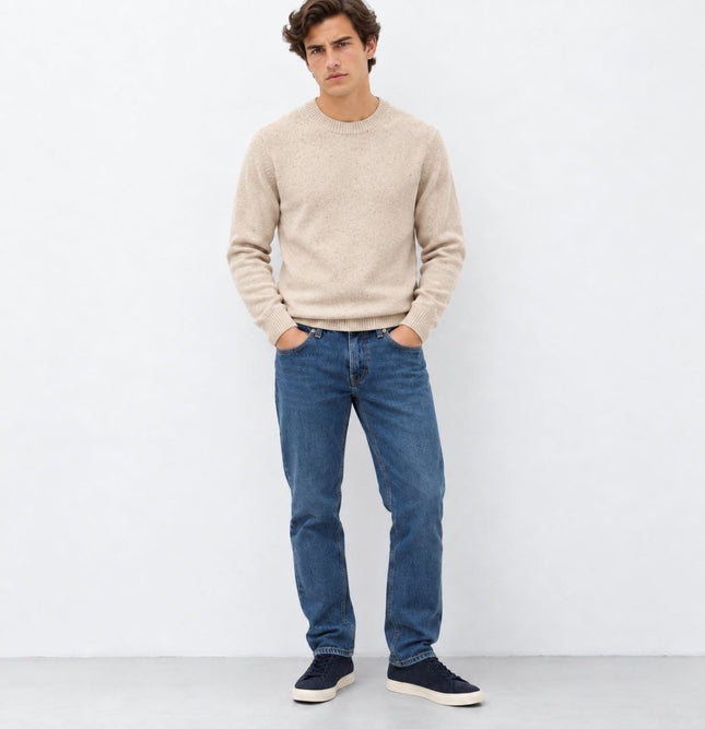 Mens Jumpers Ultimate Lambswool Crew Neck Jumper - Stone Beige-Quality Brands Outlet-