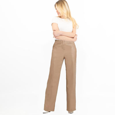 River Island Faux Leather Straight Leg Trousers Tan - Quality Brands Outlet