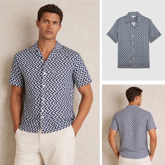 Mens Florida Chevron Print Shirt Cuban Collar Navy - Quality Brands Outlet