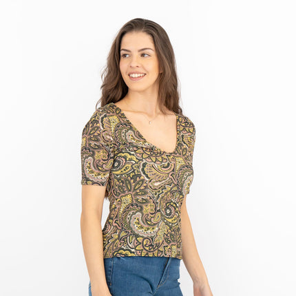 Oasis Green Paisley Print V-Neck Short Sleeve Tops-Quality Brands Outlet-