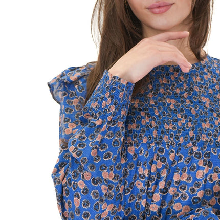 White Stuff Sylvie Top Blue Floral Print Elasticated Crew Neck Long Sleeve - Quality Brands Outlet