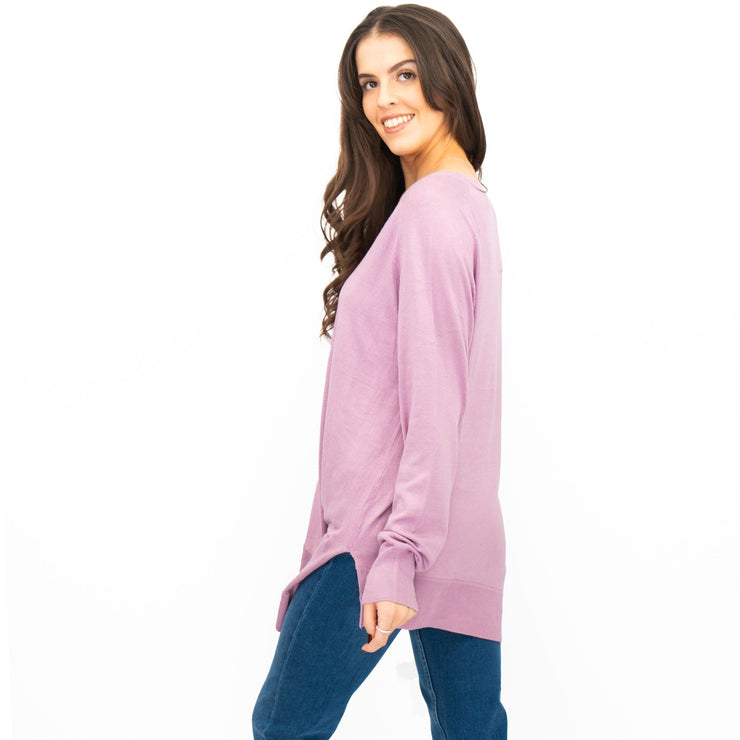 Evans Womens Asymmetric Top Lilac Longline Crew Neck Long Sleeve Relaxed Fit - Quality Brands Outlet