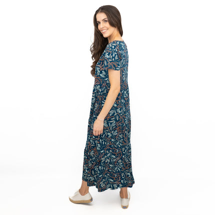 Seasalt Teal Green Line Strokes Floral Short Sleeve Midi Dress-Quality Brands Outlet-