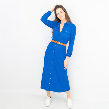 Oasis Ribbed Lightweight Long Sleeve Blue Midi Shirt Dress - No Belt-Quality Brands Outlet-