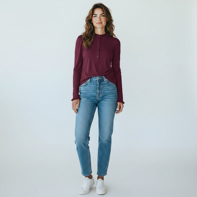 Boden Burgundy Supersoft Frill Henley Top Cotton Modal Slim Fit - Quality Brands Outlet
