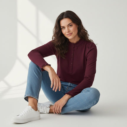 Boden Burgundy Supersoft Frill Henley Top Cotton Modal Slim Fit-Quality Brands Outlet-