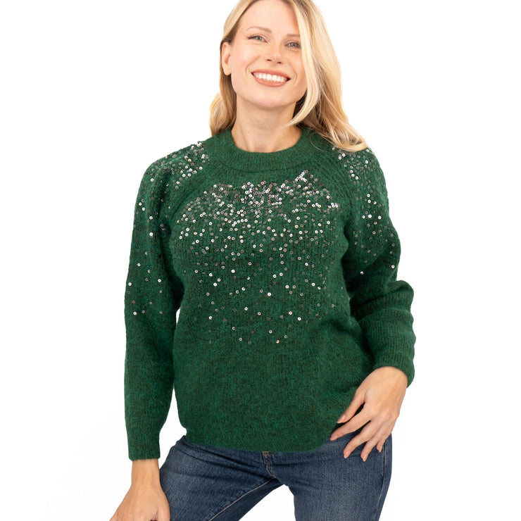 M&S Womens Green Sequin Crew Neck Jumper - Quality Brands Outlet