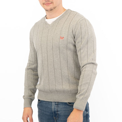 Crew Clothing Mens Jumper Light Grey V-Neck Ribbed Long Sleeve Organic Cotton