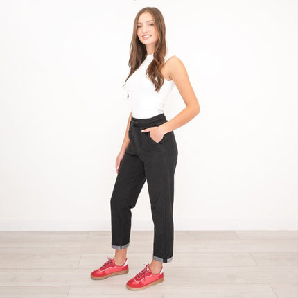 M&S Elasticated Waist Denim Crop Jeans Jogger Black-Quality Brands Outlet-