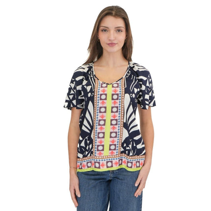 White Stuff Imogen Short Sleeve Top Navy Print Lightweight Summer - Quality Brands Outlet