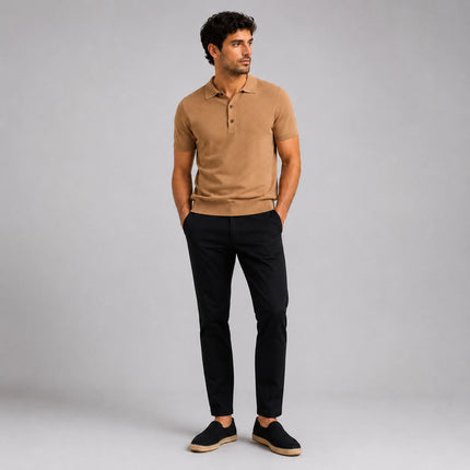 Massimo Dutti Mens Classic Knitted Linen Blend Polo Shirt 3 Button Camel Brown