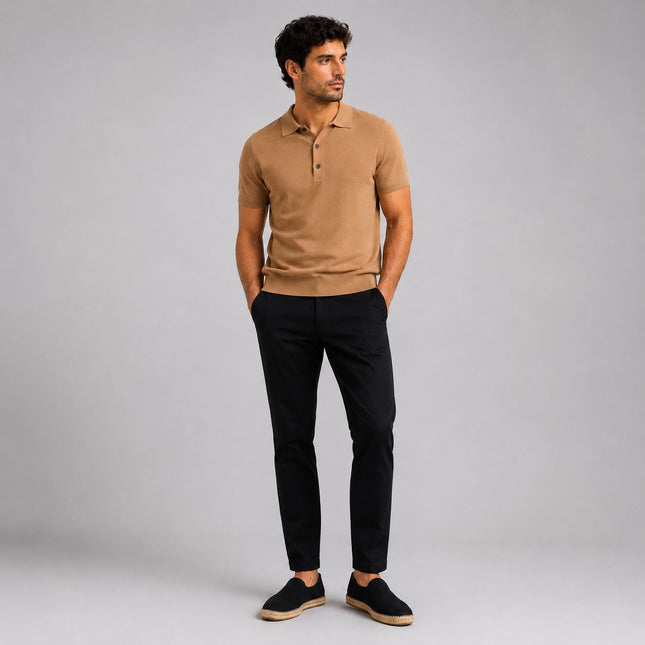Massimo Dutti Mens Classic Knitted Linen Blend Polo Shirt 3 Button Camel Brown